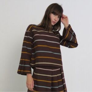 Kowtow Nelken Top 100% Organic Cotton 3/4 Bell Sleeve Brown Landscape Stripe Sm